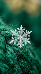 Naklejka premium Single snowflake resting on green textured fabric. Winter, holiday season, Christmas decoration, nature closeup.