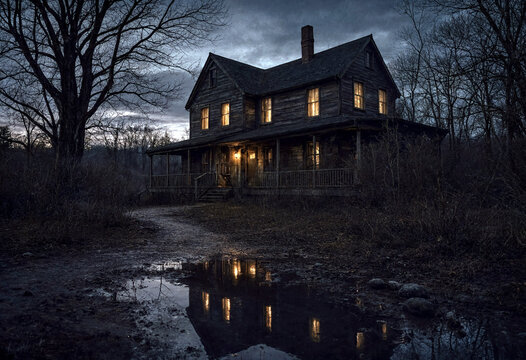 Dark eerie old wooden house at dusk with warm lights shining in a secluded forest area