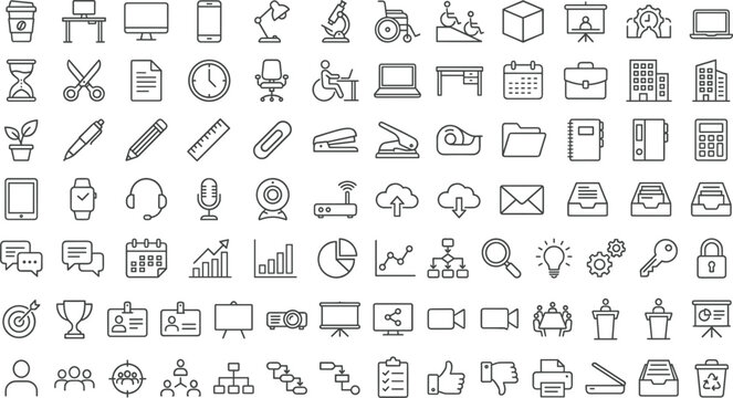 Corporate office workplace equipment business management analytics and accessible workstation outline line icons mega bundle set