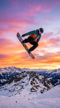 Snowboarder performing aerial trick over snowy mountain slope at sunset. Winter sports, adventure, extreme sport, outdoor activity.