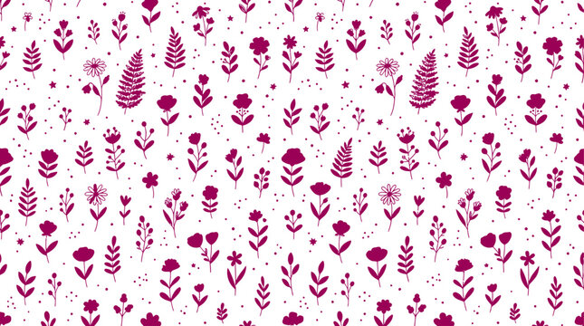 silhouette tiny flower fern and leaf floral seamless vector background