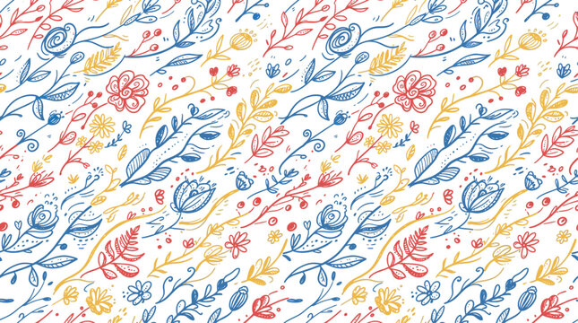 wind blown botanicals seamless vector pattern colorful background, seamless floral art