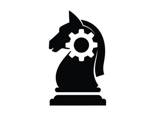 Strategic chess knight logo with gear icon, industrial business strategy vector, mechanical horse head symbol © Maynal's Studio