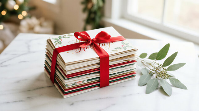 Stack of holiday greeting cards tied with red ribbon on marble table. Christmas, stationery, gift wrapping, festive season, retail.
