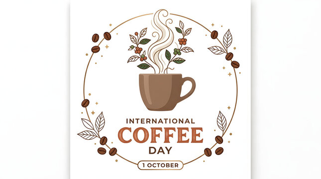 International coffee day emblem with ceramic cup and coffee branch circular frame ceramic mug hot drink