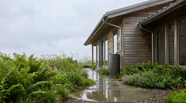 Sustainable eco friendly wooden house with rainwater harvesting barrel on rainy day