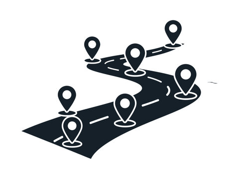 Winding road map with location pins, black navigation path vector, travel route with multiple destination markers