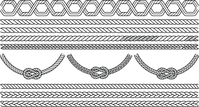 Nautical rope brushes and marine cord knots set for seamless frame borders decoration outline vector graphic design