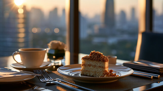 Gourmet dessert served alongside coffee on a table with a bright city skyline view in the background gourmet dessert coffee city view fine dining cafe presentation