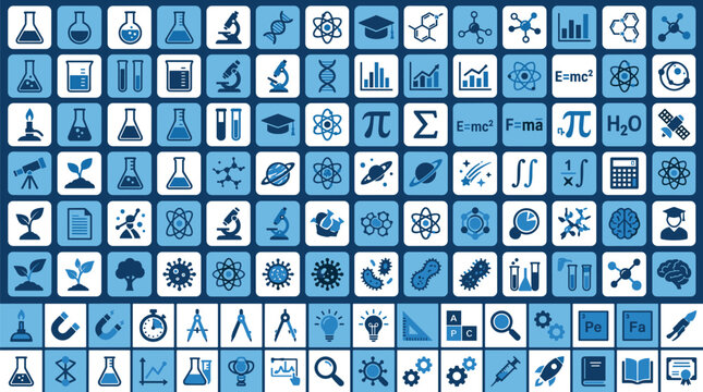 Science education research icons mega pack with physics chemistry biology math astronomy symbols blue square buttons graphics