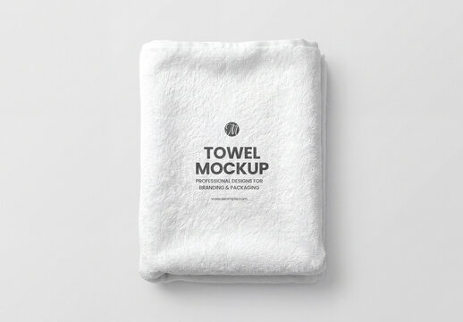 White Folded Towel Mockup with Logo Branding on Grey Background, Top View