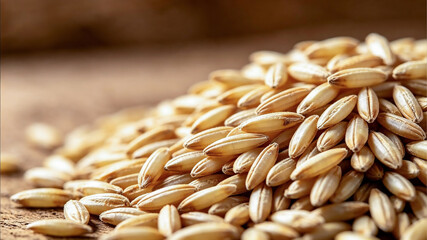 Obraz premium Close-up of a pile of raw grain kernels, possibly oats or rye, resting on a rustic wooden surface with a shallow depth of field.