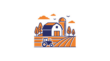 Naklejka premium Farm Scene with Tractor, Barn, Silo, and Trees - Rural Illustration