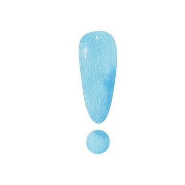 Blue watercolor exclamation mark. Pastel punctuation symbol for attention, warning, education, grammar, announcement, reminder, typography and communication design.
