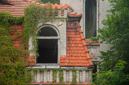 Abandoned overgrown mansion with spiral staircase, old car and ruined interior