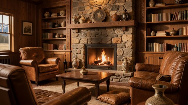 A traditional living room with a stone fireplace and built-in bookshelves, featuring warm brown tones and golden firelight.