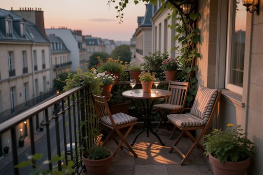 A serene European-style balcony scene with folding furniture and terracotta pots, set for a relaxing evening amidst warm golden-hour lighting.