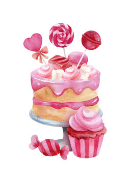 Pink watercolor candy bar with cake, cupcake, lollipops, marshmallows and wrapped candy. Festive dessert set for birthday, Sweetest Day, party and sweet table design.