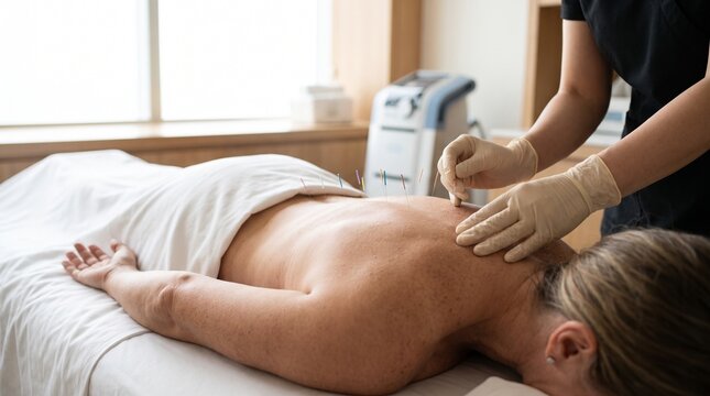 Therapist performing dry needling acupuncture on patient back in spa clinic