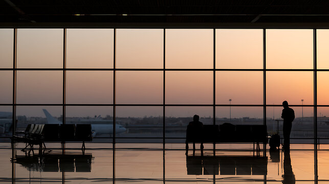 Silhouette of travelers wait inside large terminal window watch airplane depart at sunset vacation journey corporate trip travel holiday flight