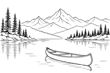 Fototapeta premium Serene Lake Landscape with Canoe - Black and White Vector Line Art of Boat on Water, Mountains, and Pine Forest Reflections