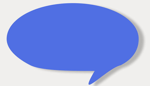 A solid blue, speech bubble with a pointed tail and soft shadow floats against a light gray background, giving a slightly three dimensional look, symbolizing conversation, communication, and chat.
