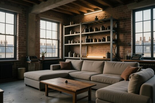 Exposed brick walls and industrial steel shelving define this cozy Belgian loft conversion's living space with oversized sofa and vintage-modern aesthetic.