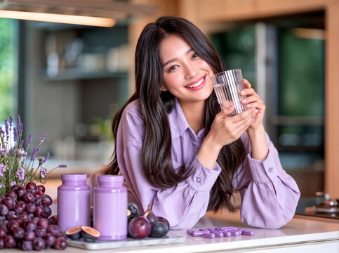 Korean woman in lavender outfit taking her morning vitamins in modern kitchen arranged with purple grapes, plums and figs. Dietary supplement, morning medication intake and healthy lifestyle concept
