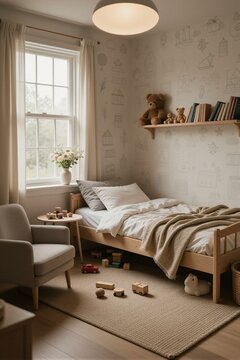 A child's bedroom interior features a wooden bed with white linens and beige blanket, surrounded by toys and a floating shelf with books and teddy bears.
