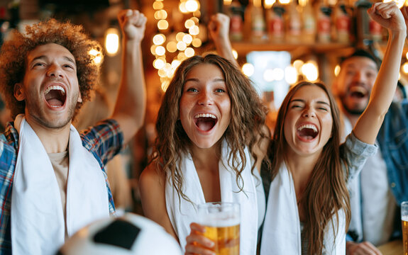 Euphoric sports fans jumping and shouting while celebrating a soccer goal at a pub bar.