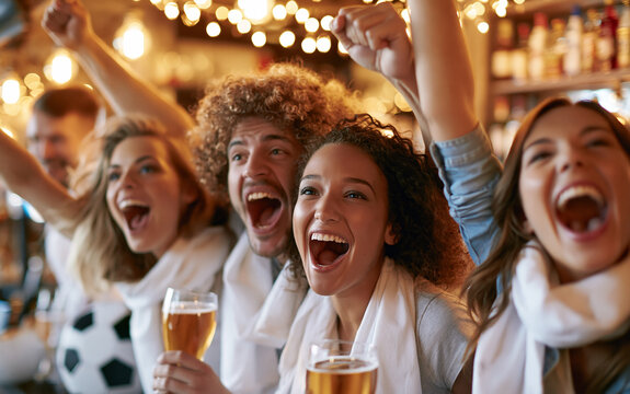 Euphoric sports fans jumping and shouting while celebrating a soccer goal at a pub bar.