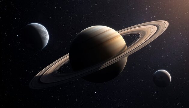 saturn planets in deep space with rings and moons surrounded