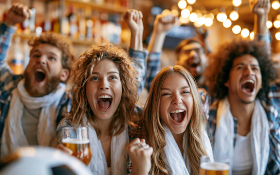 Euphoric sports fans jumping and shouting while celebrating a soccer goal at a pub bar.