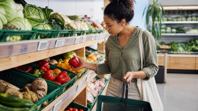 A shopper choosing slightly imperfect vegetables from a discounted produce shelf, overhead editorial composition, for editorial stock use