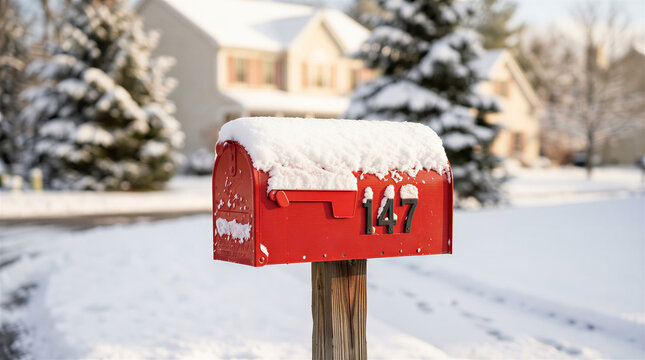 Red mailbox covered in snow in winter residential neighborhood. Home delivery, postal service, seasonal landscape, mail industry.