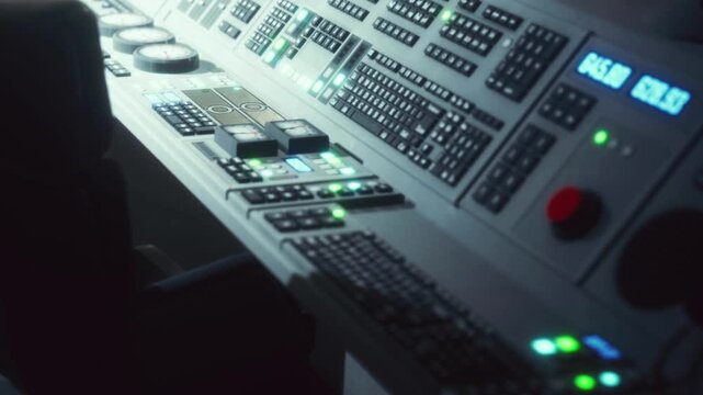 The control room features a series of computers and buttons that are lit up in low light. The focus is on the equipment used for monitoring and control tasks.