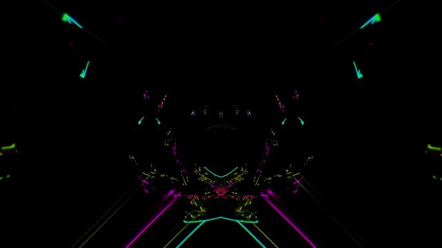Pulsating futuristic neon tunnel loop featuring glowing laser geometry, sci-fi portals and vibrant cyber light effects for live stage backgrounds, concert screens, music videos.