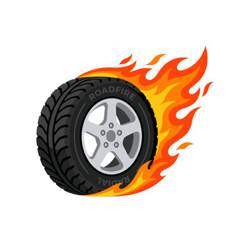 Burning Car Tire with Flames Vector Illustration