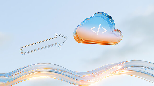 Glass cloud symbol with code icon and arrow on a blue sky background, representing cloud computing, data transfer, and software dev