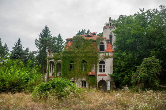 Abandoned overgrown mansion with spiral staircase, old car and ruined interior