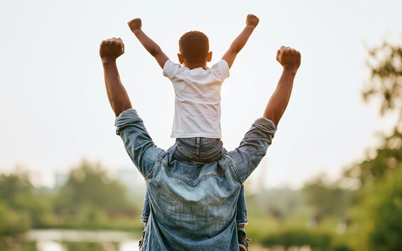 Dad and son outdoors. Happy family