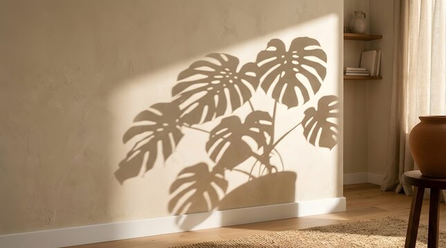 Soft tropical monstera leaf shadow cast on cream wall aesthetic indoor home plant decoration background
