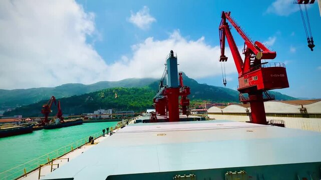 Massive red port cranes loading cargo onto a large cargo ship footage