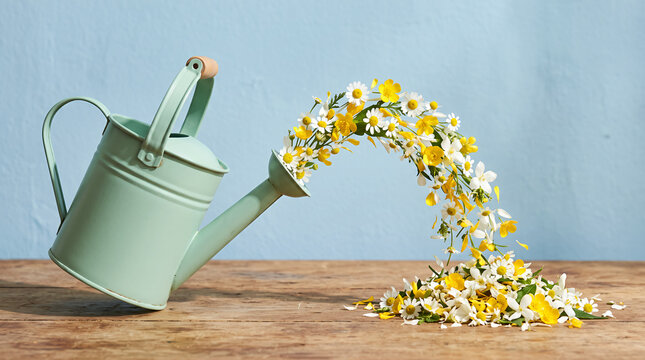 ミント色のじょうろから流れ出す花々