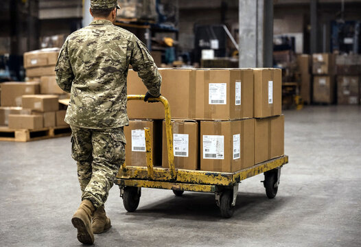 Military personnel in camouflage uniform transporting heavy cardboard boxes on a dolly inside warehouse facility
