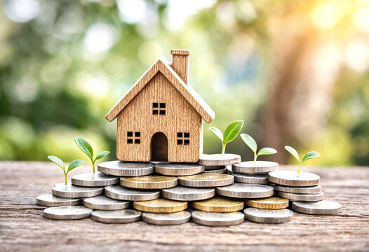 Miniature wooden house model on top of a stack of coins with small plants growing around it