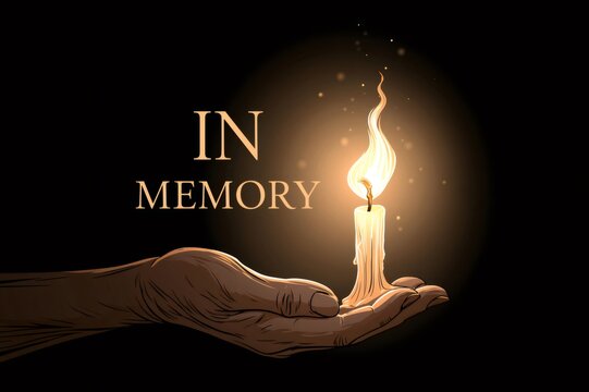 Hand holding burning candle with text in memory