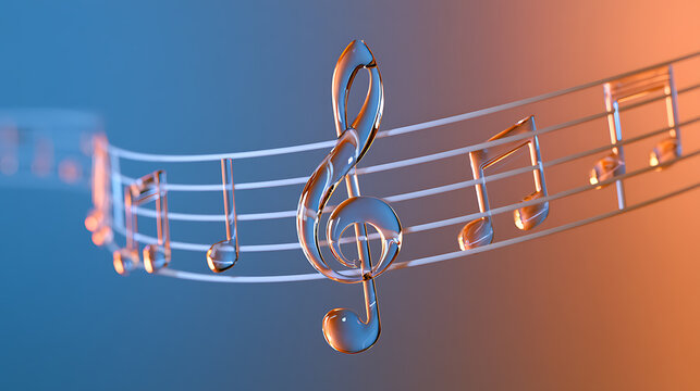 Glass treble clef and musical notes on a staff with blue and orange gradient background, abstract concept of sound and rhythm art