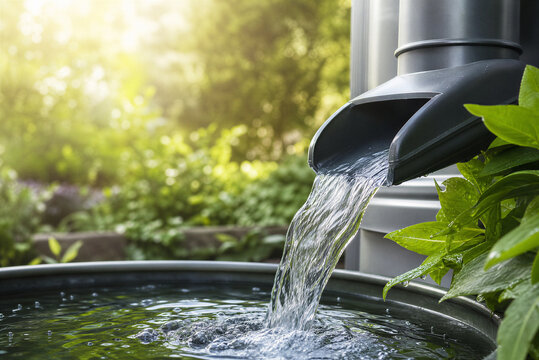 Rainwater harvesting system collecting water in barrel, sustainable garden irrigation with downspout, eco-friendly water conservation in backyard