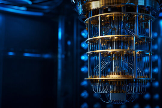 Quantum computer processor with gold hardware, advanced cryogenic supercomputer technology, futuristic laboratory server room with blue lighting